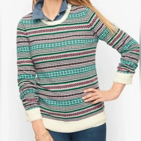 Talbots Fair Isle Crew Neck Pink/Green Wool Blend Sweater Sz M - Picture 4 of 5